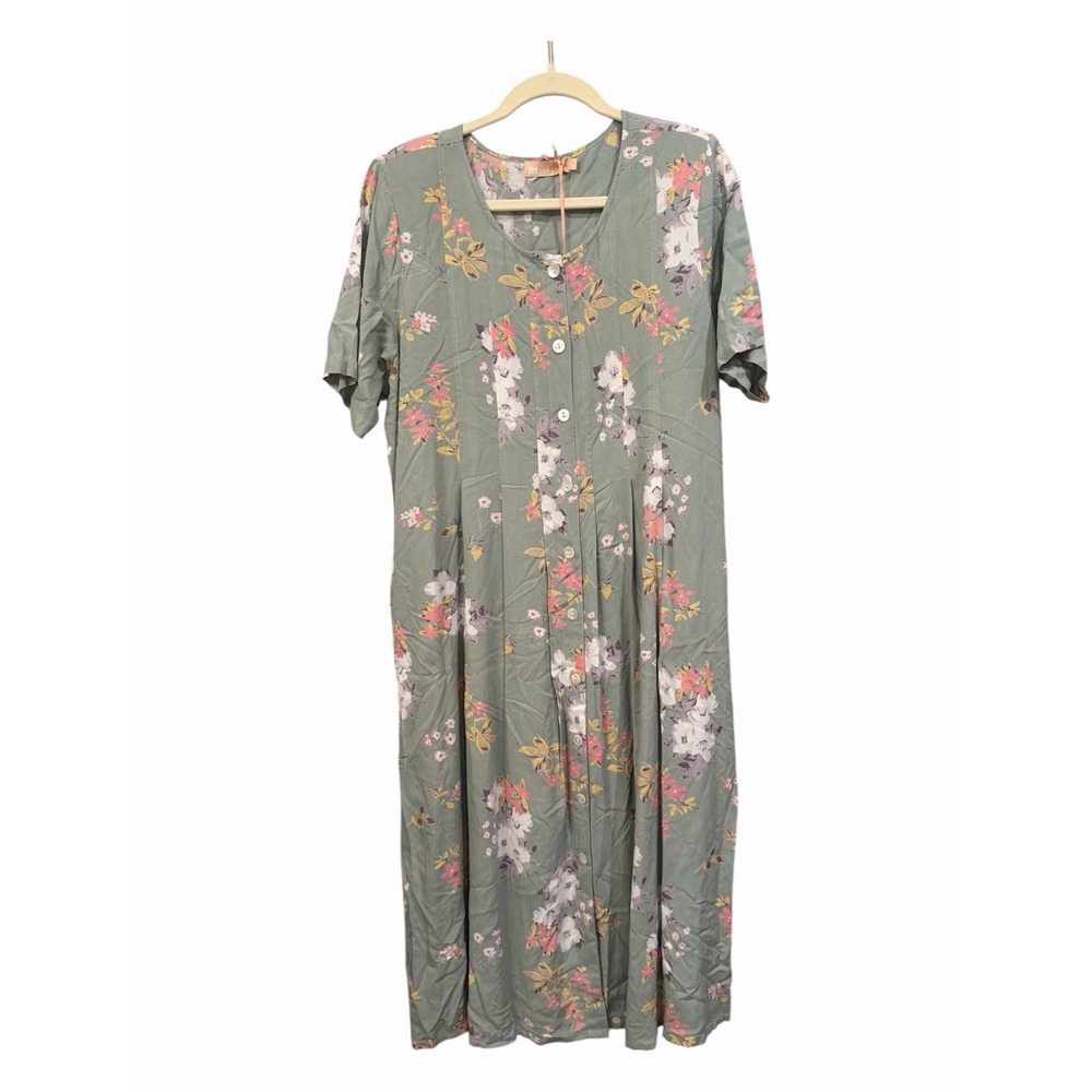 NEW La Cera Sage Green Floral Button Front Shirt Dress Size Large Cottagecore